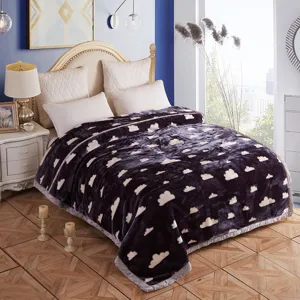 Cozy winter warm Raschel plush blanket featuring a charming cloud pattern in a bedroom setting.
