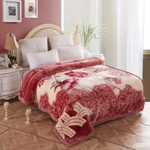 Winter thick warm Raschel blanket with Chinese floral print, cozy home bedroom bed cover.