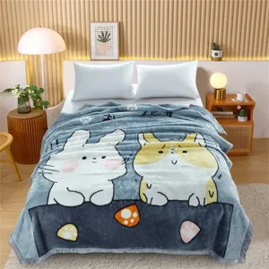 Winter raschel fleece blanket soft warm cute cartoon rabbit throw blanket for bedroom decor