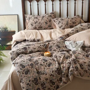 Vintage Blumen Baumwolle Doppelgaze Bettwäsche Set, gemütliches Retro Schlafzimmer.