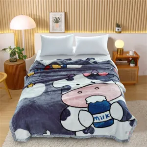 Cozy winter Raschel fleece blanket featuring cute cartoon cow print, warm and soft plush bed cover.