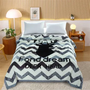 Winter Raschel plush blanket warm cozy geometric deer head printed bed throw cover for home