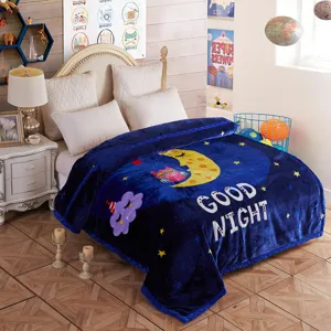 Cozy winter Raschel fleece blanket detailed view featuring night sky moon owl print scene.