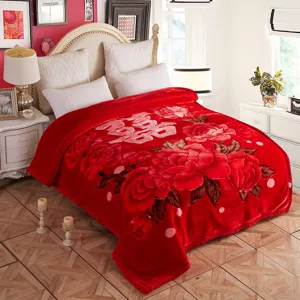 Chinese red wedding plush blanket winter warm raschel fleece bed cover with floral print