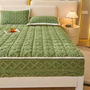 Green thermal quilted fitted bed sheet winter warm jacquard home bedroom bedding main view