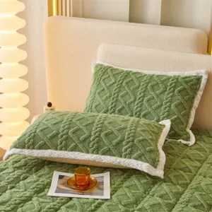 Green velvet corduroy quilted fitted sheet and pillowcases winter warm home bedding set