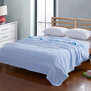 Light blue cotton towel quilt for summer, machine washable vintage blanket for bedroom bed use.