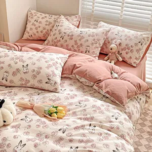 Cozy pink floral rabbit bedding set double layer gauze cotton duvet cover pillowcases.