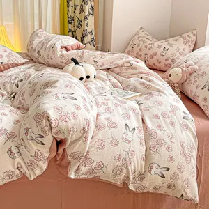 Pink floral duvet cover set with cute bunny print double gauze bedding for cozy bedroom decor.