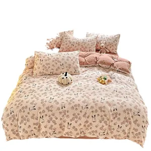 Cotton double layer yarn bedding set with floral rabbit print, fresh style main image view.