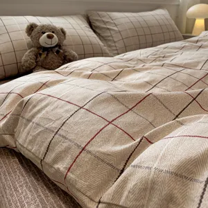 Class A 100% pure cotton pastoral grid bedding set with duvet cover and pillowcases for home.