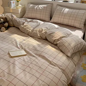 Beige plaid cotton bedding set, cozy farmhouse style duvet cover and pillowcases for home.