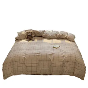 Cotton grid bedding set queen size, vintage plaid duvet cover with pillowcases and sheet.