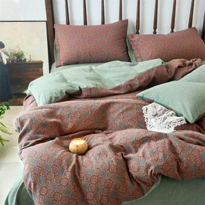Ensemble de Literie en Jacquard Fil de Coton Double Couche Housse de Couette Drap de Lit Doux Respirant Textile Maison