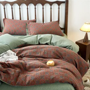 Parure de lit 4 pièces en double gaze de coton jacquard avec housse de couette rétro.
