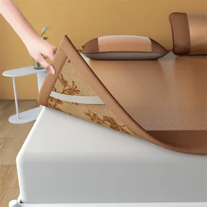 Summer cooling rattan mat set with elastic straps, breathable double-sided bed mat for dorm.