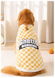 Detail view of a yellow and white checkered fleece pet vest for large dogs and golden retrievers.