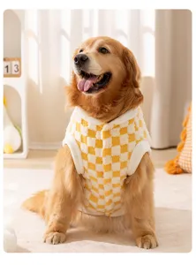 Detail view of yellow white checkerboard fleece dog vest for large pets winter warm coat