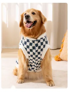 Cozy blue and white checkered pet fleece vest detail for medium and large dogs, warm winter wear.
