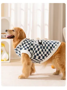 Cozy checkered fleece dog vest for large breeds like Golden Retrievers, stylish winter pet apparel.