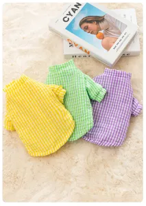 Pet winter warm plaid cotton clothes detail, cozy two-legged apparel for dogs and cats.