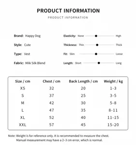 Detailed size chart and fabric info for cute pet dog hoodie, ensuring perfect fit for small dogs.