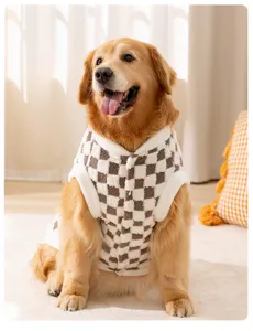 Cozy winter dog fleece vest with brown checkered pattern, warm pet apparel for large dogs.