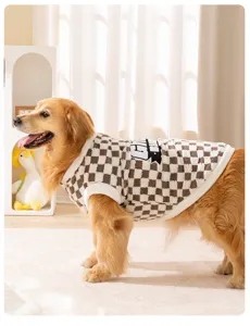 Plaid dog fleece vest for golden retriever, winter pet apparel with english embroidery details