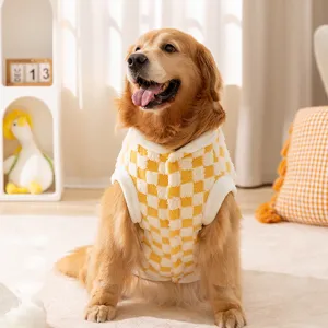 Cozy yellow checkerboard fleece dog vest winter warm pet clothing for golden retriever.