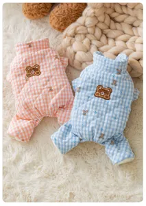 Cute autumn winter pet four-leg cotton coat with cute bear pattern and checkered design.