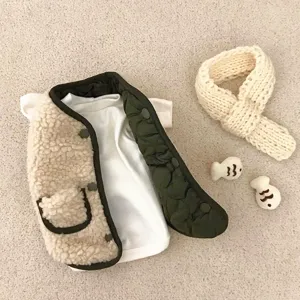 Cozy pet vest set with fleece coat, white inner layer, and cute knitted scarf for small dogs.