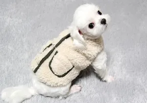 Close-up detail shot of a warm beige pet fleece vest with green trim for small dogs and cats.