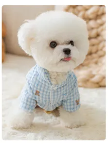 Cute blue plaid pet clothes detail, featuring warm cotton fabric and lovely bear print design.