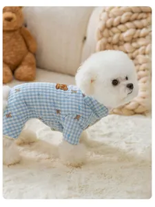 Cute winter dog jumpsuit with plaid and bear print for small pets and cats detail view.