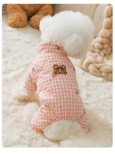 Cute grid bear print pet cotton clothes, warm four-legged dog detail for autumn winter.