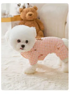 Cute pet clothes, winter dog apparel, plaid four-leg cotton coat with bear print details.