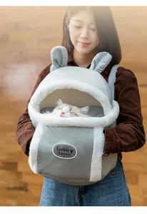 Autumn winter thick warm cat carrier backpack cute bunny ears pet hand warmer bag outdoors.