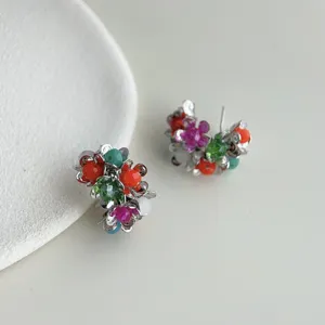 Colorful beaded flower silver-plated earrings, unique designer fashion jewelry for women.