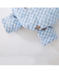 Blue checkered pet winter cotton coat detail shot featuring cute bear prints and soft quilted fabric.