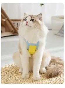 Dettaglio gilet per animali domestici blu e giallo, vestiti traspiranti per gatti in estate.