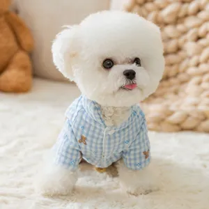 Cute checkered bear print pet dog four-legged cotton clothes winter warm cat apparel