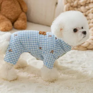 Cute blue plaid dog winter onesie with bear print, warm four-leg cotton clothes for dogs.