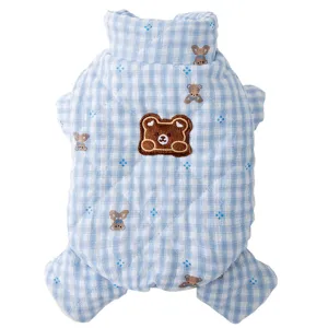 Cute blue plaid pet winter coat with cute bear print and plush bear patch for dogs and cats.