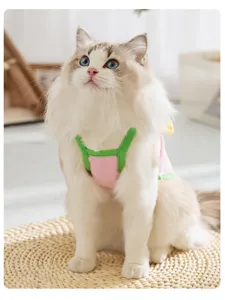 Dettaglio gilet per gatti con morbido tessuto a blocchi di colore e design estivo confortevole