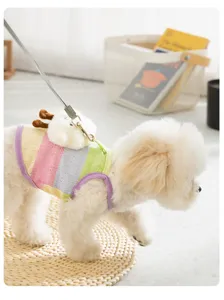 Vue détaillée du harnais pour chiot à rayures arc-en-ciel avec nuage en peluche et laisse.
