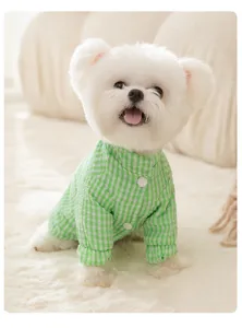 Cute green checkered pet winter cotton clothes warm two-leg apparel for small dogs cats.