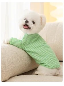 Cute green plaid pet clothes for small dogs cats, stylish autumn warm puppy two-leg shirt.