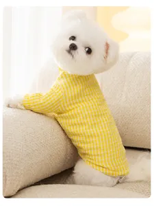 Yellow checkered pet shirt detail view for small dogs and cats, cozy winter wear
