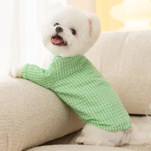 Cute green gingham pet winter warm two-leg coat for dogs and cats, main view display.