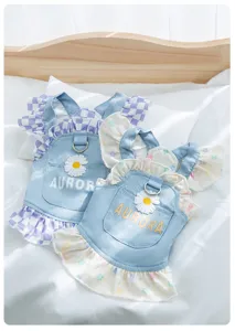 Cute pet dress detail, denim ruffle style with daisy embroidery and D-ring for small dogs cats